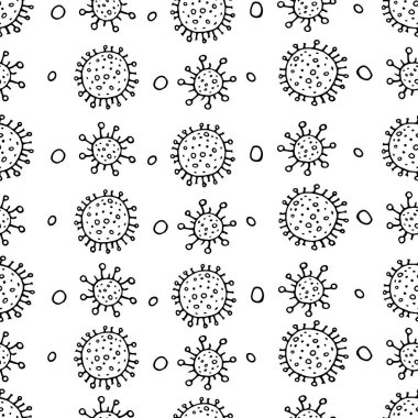 Moleküllerin kusursuz deseni, virüs hücreleri, bakteriler. Salgın, salgın covid-19. Karantina koronavirüsü konsepti, aşı. Taslak çizim biçimi izole edilmiş vektör el arkaplanı.