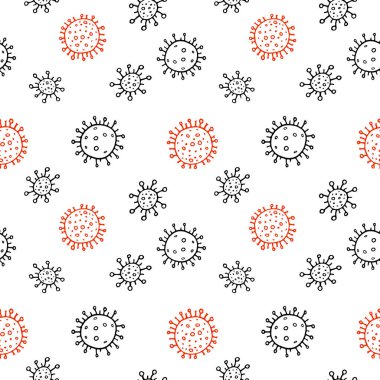 Moleküllerin kusursuz deseni, virüs hücreleri, bakteriler. Salgın, salgın covid-19. Karantina teması, koronavirüsün yayılması, aşı. Çizim biçimi izole edilmiş vektör el arkaplanı.