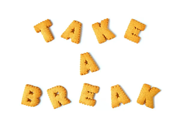Word Take Break Spelled Alphabet Shaped Biscuits White Background — Stock Photo, Image