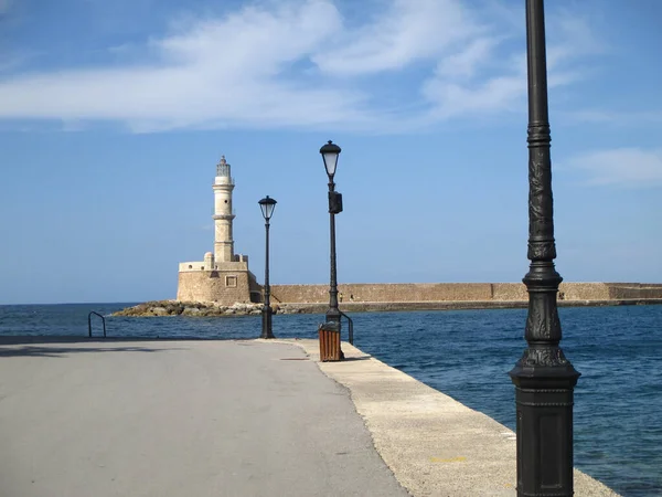 Historische Venetiaanse Vuurtoren Van Chania Uitzicht Vanaf Chania Oude Haven — Stockfoto