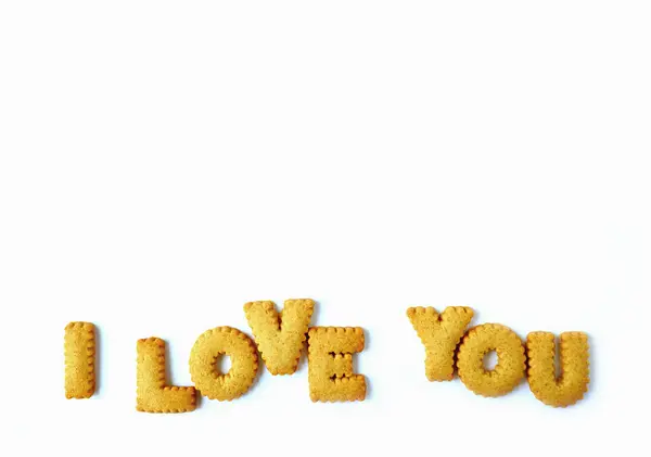 Parola Love You Scrive Con Biscotti Forma Alfabeto Sfondo Bianco — Foto Stock