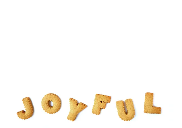 Word Joyful Spelled Alphabet Shaped Biscuits Isolated White Background Free — Stock Photo, Image