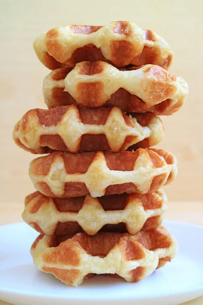 Stack Fresh Baked Belgian Waffles Served White Plate Vertical Photo — Stock Photo, Image