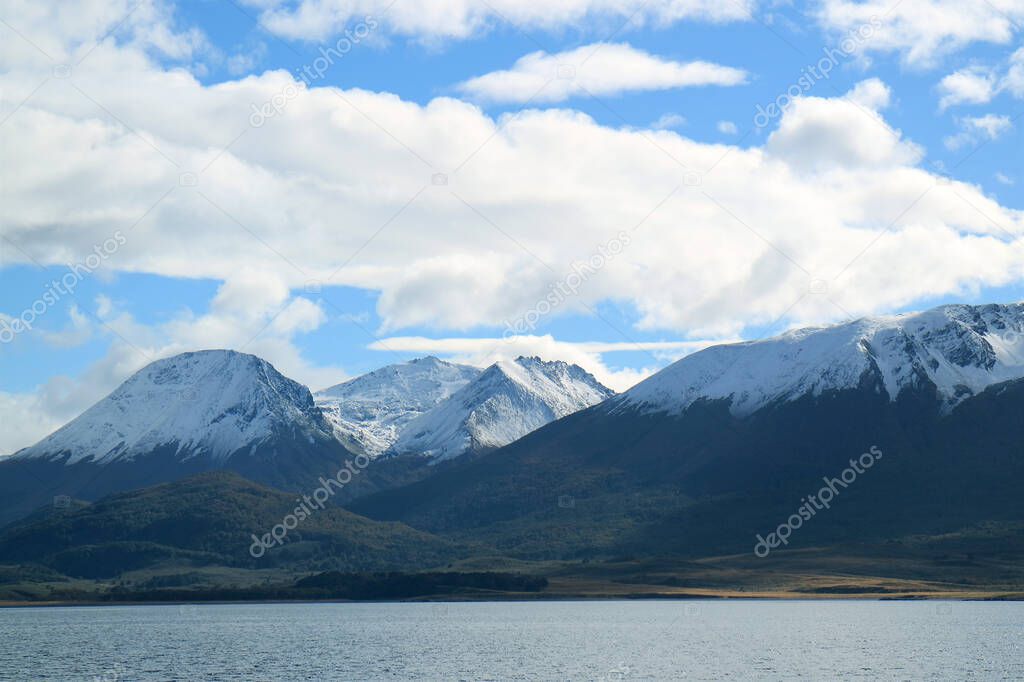 Fantastic View of Snow Covered Mountains along the Beagle Channel, Ushuaia, Tierra del Fuego, Patagonia, Argentina