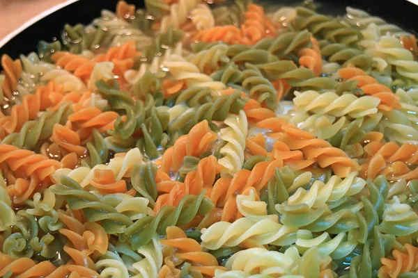 Three Color Spiral Shaped Pasta Fusilli Being Boiled Frying Pan — Stock Photo, Image