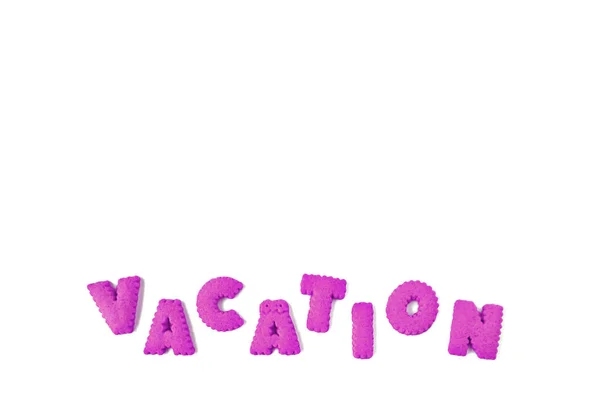 Text Vacation Fialovou Abecedou Tvaru Sušenek Bílém Pozadí — Stock fotografie