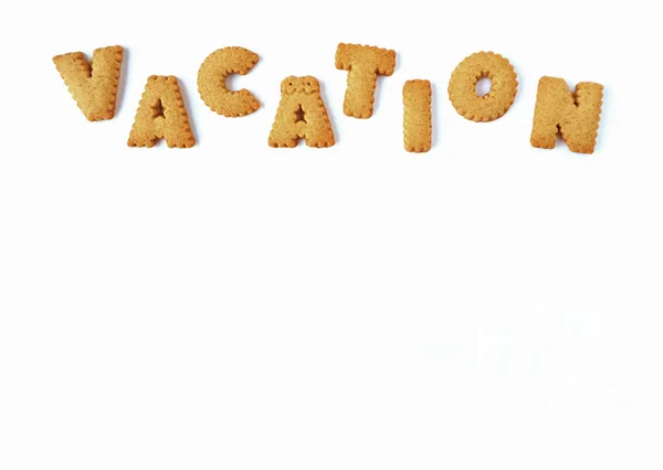 Parola Vacation Scritta Con Biscotti Forma Alfabeto Sfondo Bianco Con — Foto Stock