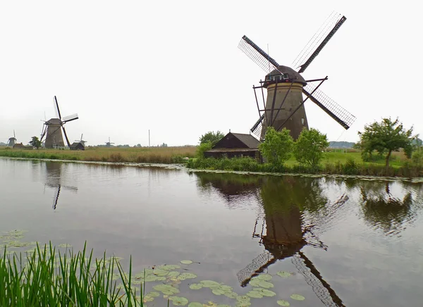 Reflexões Moinhos Vento Históricos Kinderdijk Países Baixos — Fotografia de Stock
