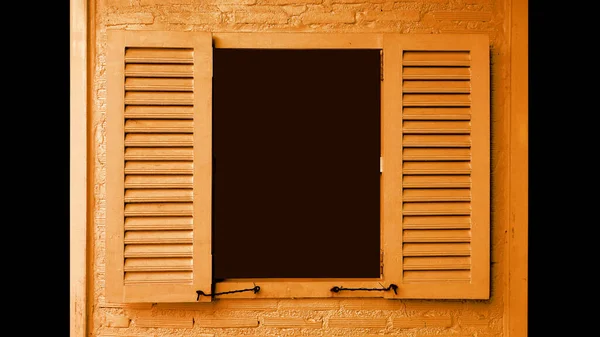 Vibrant Apricot Orange Colored Wooden Window Opening Shutters Brick Wall — Stock Photo, Image