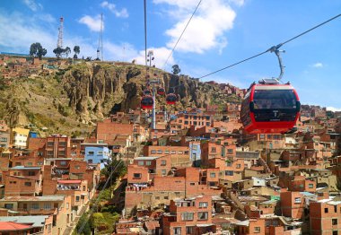 La Paz ve Mi Teleferico 'nun inanılmaz şehir manzarası, La Paz El Alto metropolitan alanı, Bolivya' ya hizmet veren hava teleferiği şehir taşıma sistemi.