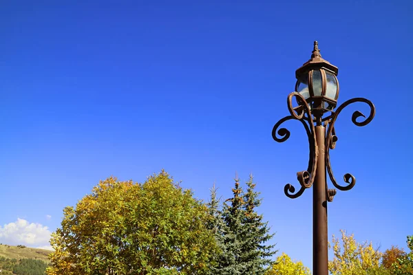 Vintage Lamppost Tegen Herfst Gebladerte Levendige Blauwe Heldere Lucht — Stockfoto