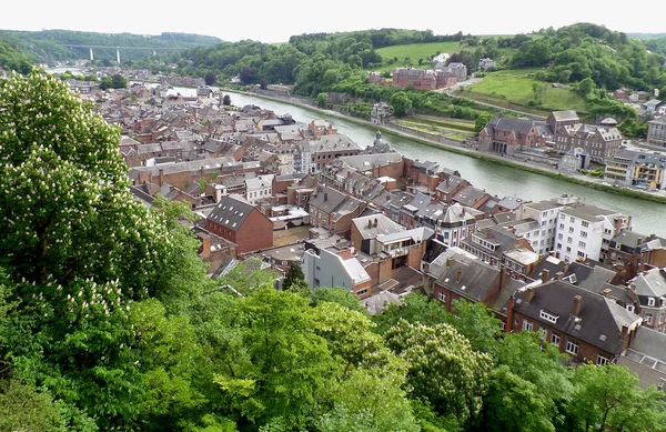 比利时瓦隆地区Meuse River Dinant古建筑的令人印象深刻的顶部景观 — 图库照片