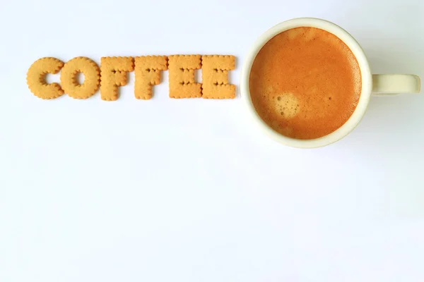 Вид Зверху Печиво Формі Алфавіту Написання Слова Coffee Чашкою Кави — стокове фото