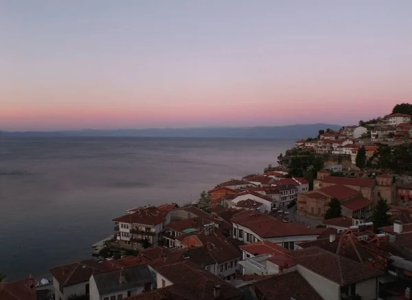 Pastel Pink Sky Van Vroege Ochtend Aan Het Meer Van — Stockfoto