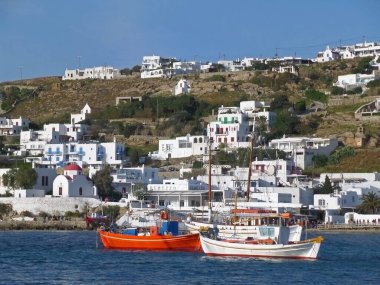 Mykonos Eski Limanı, Mykonos Adası, Yunanistan 'ın çarpıcı manzarası