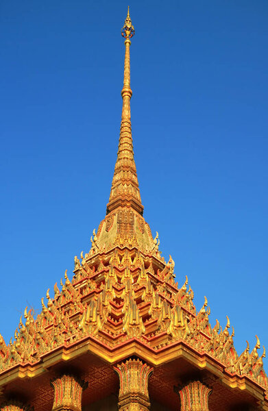 Architectural Details of Wat Khao Dee Salak's Pavilion Intricate Spire, a Significant Buddhist Temple in Suphan Buri, Thailand