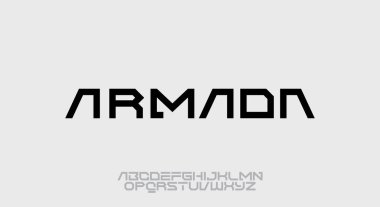 Armada, geometrik fütürist alfabe yazı tipi dizaynı. dijital alan tipografi vektör çizimi