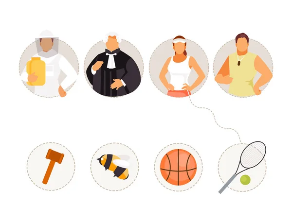 Match professions and objects. Kids educational game. Professions Beekeeper, Judge, Tennis Player, Basketball Player. Vector illustration