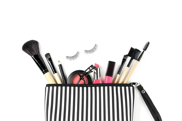 Borsa Trucco Con Vari Cosmetici Pennelli Isolati Sfondo Bianco Vista — Foto Stock