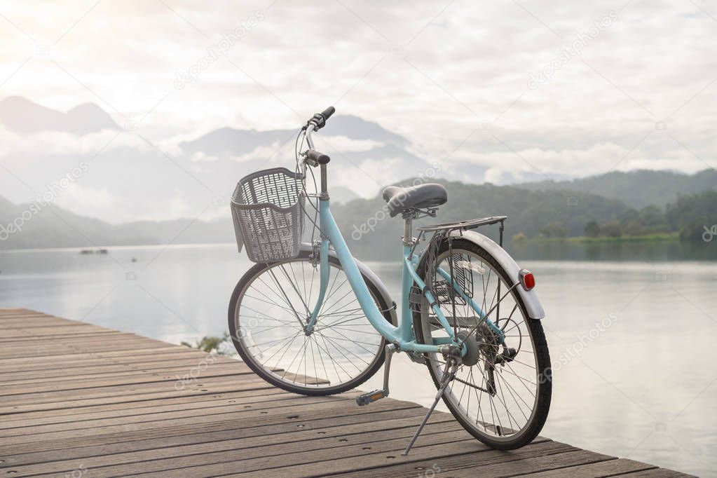 Bicycle with the beautiful view at the sun moon lake bike trail in the morning
