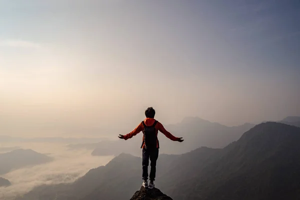 Viajero joven de pie y mirando hermoso paisaje — Foto de Stock