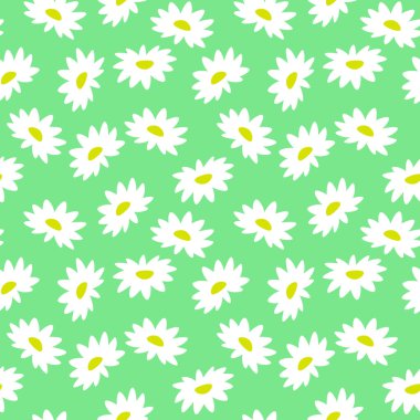 Nane yeşili arkaplanda papatya çayı olan parlak, pürüzsüz bir desen.
