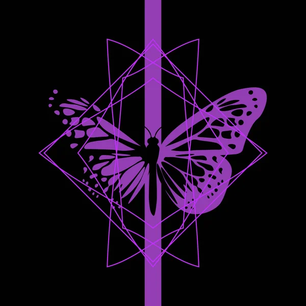 Hermosa Mariposa Morada Oscura Marco Geométrico Sobre Fondo Negro — Archivo Imágenes Vectoriales