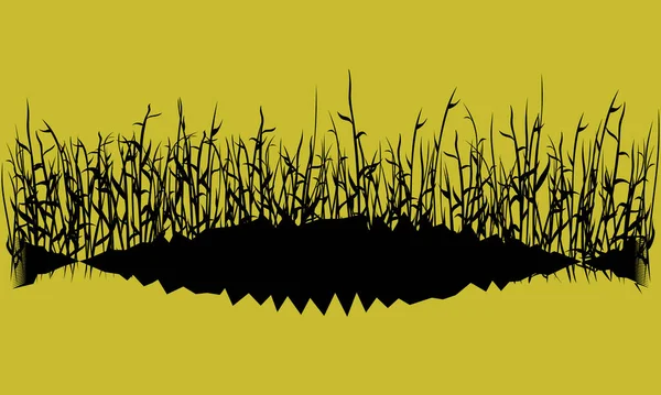 Черный Силуэт Озера Болотной Травы Желтом Фоне Неба — стоковый вектор