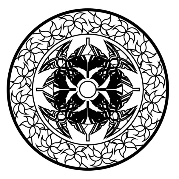 Abstrakt Monokrom Mandala Med Folk Geometriska Tracery Prydd Med Blommor — Stock vektor