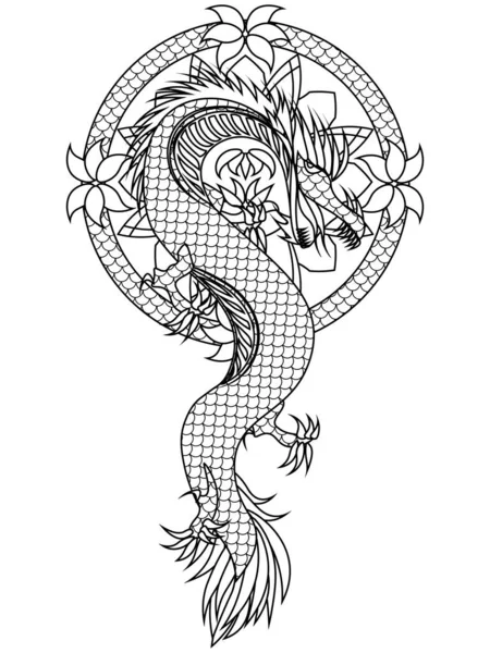 花の輪に龍が描かれたアジアのタトゥースケッチ — ストックベクタ