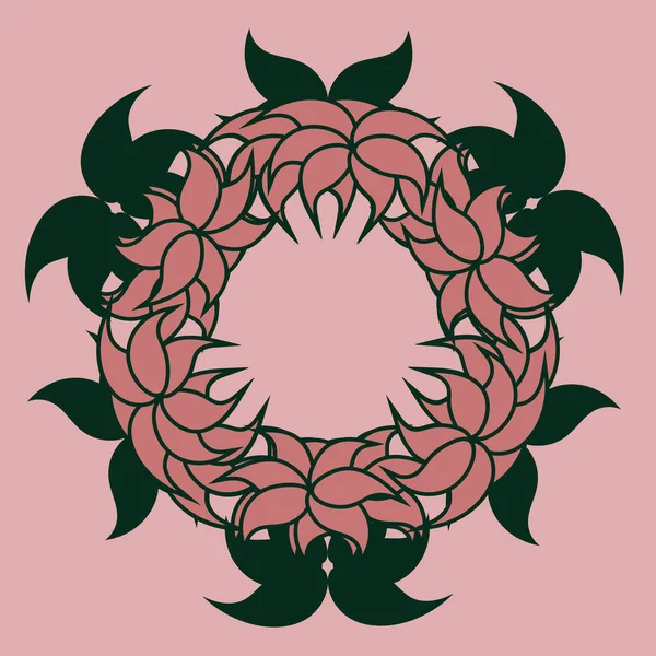 Контур Розовый Абстрактный Цветочный Венок Зелеными Листьями Открытки — стоковый вектор