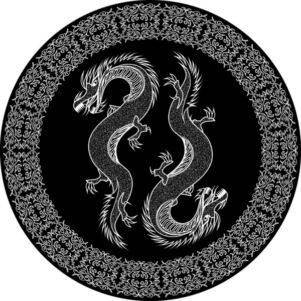 Deux Dragons Orientaux Contour Cercle Plaque Noire Ornementée — Image vectorielle