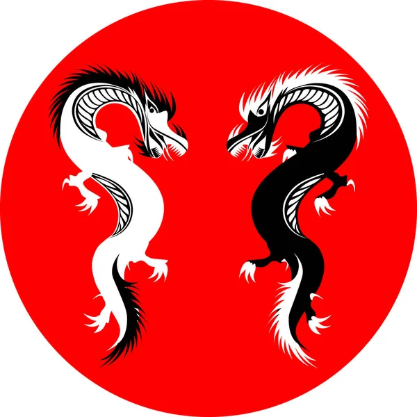 Dos Dragones Blancos Negros Círculo Rojo Estilo Oriental — Vector de stock