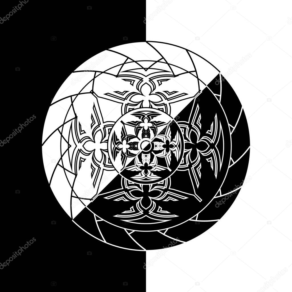 Black and white inverse abstract monochrome circle in tribal style