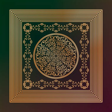 Yeşil ve mor arkaplanda kare çerçevede soyut altın doğulu iz sürme