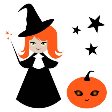 Tatlı cadı kız ve cadılar bayramı balkabağının çocuk resimleri.