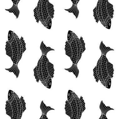 Asya tarzında çizilmiş, balıklı siyah beyaz desenli.