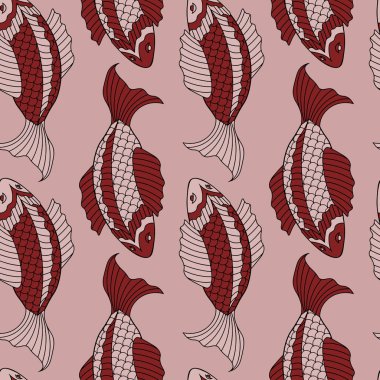 Asiler ve pembe çizim balıklarıyla kusursuz desen