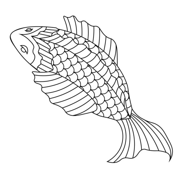 Linha Plana Arte Esboço Ilustração Peixes Estilo Asiático —  Vetores de Stock