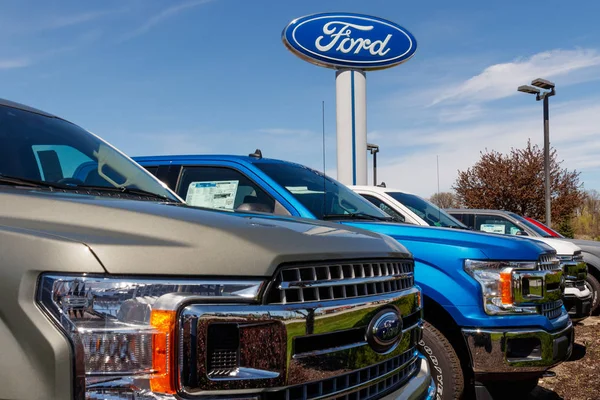Noblesville - Circa April 2019: F150 display at a Ford Car and Truck Dealership. Ford sells products under the Lincoln and Motorcraft brands