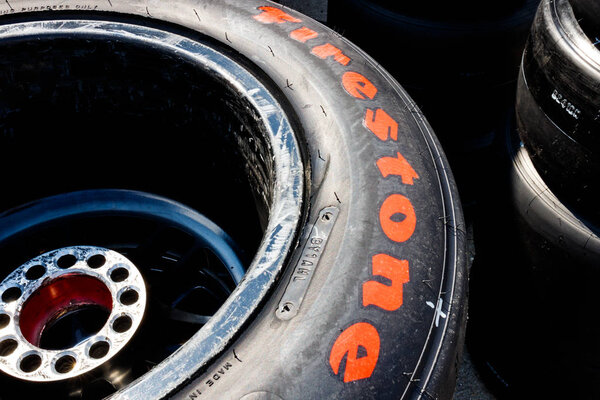 Indianapolis - Circa May 2019: Firestone Firehawk tires prepared for racing. Firestone tires are the exclusive tire of IndyCar II