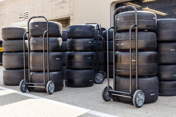 Indianapolis - Circa May 2019: Firestone Firehawk tires prepared for racing. Firestone tires are the exclusive tire of IndyCar IV
