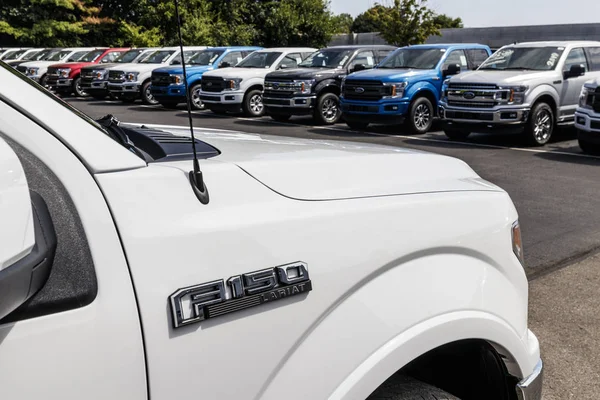 Indianápolis - Circa agosto 2019: Ford F150 exhibición en un concesionario. Ford vende productos bajo las marcas Lincoln y Motorcraft — Foto de Stock