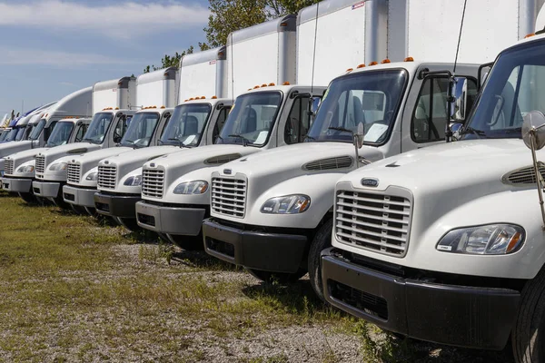 Zionsville - Circa August 2019: Freightliner Semi Tractor Trailer Trucks Lined up for Sale. Freightliner dimiliki oleh Daimler Truk I — Stok Foto