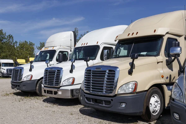 Zionsville-circa augustus 2019: Freightliner semi trekker trailer Trucks opgesteld te koop. Freightliner is eigendom van Daimler Trucks II — Stockfoto