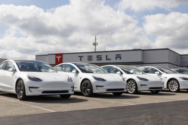 Indianapolis - Yaklaşık Eylül 2019: Tesla elektrikli araçlar satışa hazır bekliyor. Tesla Ev Model 3, S ve X daha temiz ve yeşil bir ortam için bir anahtar vardır Xi