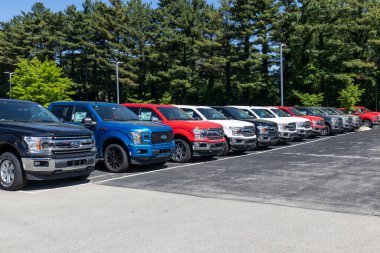 Indianapolis - Mayıs 2020: Ford F150 bir galeride sergileniyor. Ford Lincoln ve Motorcraft markaları altında ürünler satıyor..