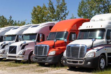 Indianapolis - Haziran 2020: Freightliner ve Volvo Semi Traktör Kamyonları Satılık Sıralandılar. Freightliner 'ın sahibi Daimler..