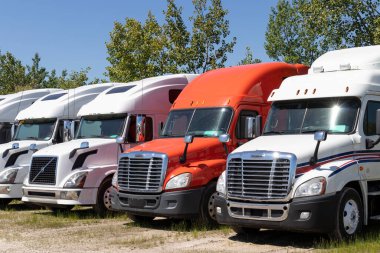 Indianapolis - Circa June 2020: Freightliner and Volvo Semi Tractor Trailer Trucks Lined up for Sale. Freightliner is owned by Daimler. clipart