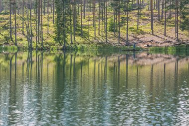 Bulutlu gökyüzü ve gölün kenarındaki tenha alanda ağaç yansıması. Sakin sular ve bulutlu gökyüzü. İsveç 'in arka planında bir balıkçı. Seçici odaklanma. uzun pozlama